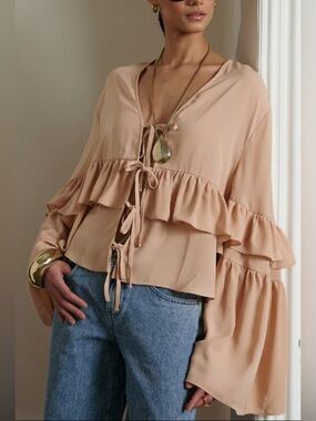 WeWoreWhat chiffon tie-front top in almond color / ruffled body & sleeves: Small